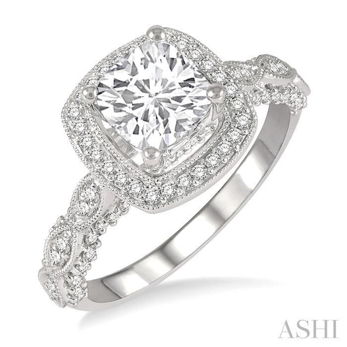 1/2 Ctw Carved Cushion Shape Round Cut Diamond Semi-Mount Engagement Ring in 14K White Gold