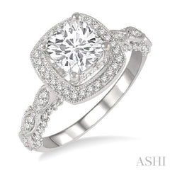 1/2 Ctw Carved Cushion Shape Round Cut Diamond Semi-Mount Engagement Ring in 14K White Gold