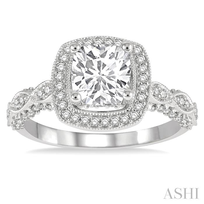 1/2 Ctw Carved Cushion Shape Round Cut Diamond Semi-Mount Engagement Ring in 14K White Gold