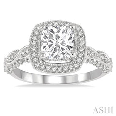 1/2 Ctw Carved Cushion Shape Round Cut Diamond Semi-Mount Engagement Ring in 14K White Gold