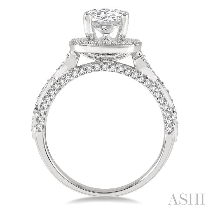1/2 Ctw Carved Cushion Shape Round Cut Diamond Semi-Mount Engagement Ring in 14K White Gold
