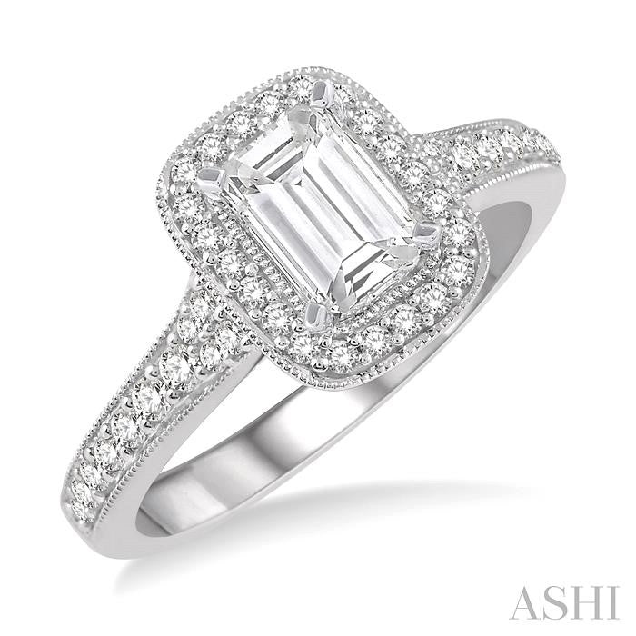3/8 Ctw Emerald Shape Semi-Mount Diamond Engagement Ring in 14K White Gold