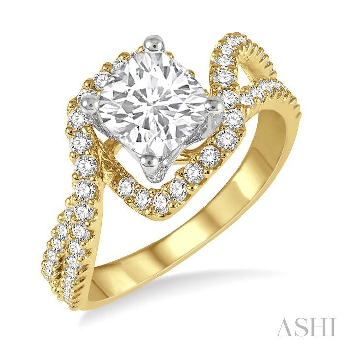 5/8 Ctw Cushion Shape Split Bypass Shank Round Cut Diamond Semi-Mount Engagement Ring in 14K Yellow and White Gold