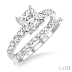 1 Ctw Diamond Wedding Set with 3/4 Ctw Princess Cut Engagement Ring and 1/5 Ctw Wedding Band in 14K White Gold
