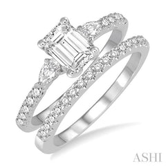 1 Ctw Round, Pear & Octagon Cut Diamond Wedding Set With 7/8 Ctw Engagement Ring and 1/8 Ctw Wedding Band in 14K White Gold