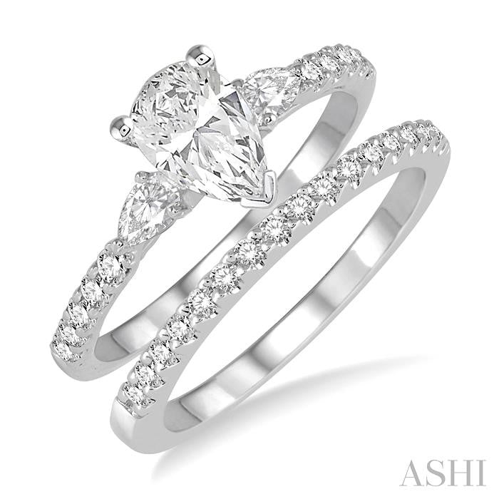 1 Ctw Round & Pear Cut Diamond Wedding Set With 7/8 Ctw Engagement Ring and 1/8 Ctw Wedding Band in 14K White Gold