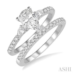 1 Ctw Round & Pear Cut Diamond Wedding Set With 7/8 Ctw Engagement Ring and 1/8 Ctw Wedding Band in 14K White Gold