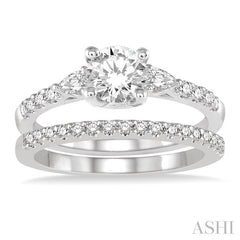 1 Ctw Round & Pear Cut Diamond Wedding Set With 7/8 Ctw Engagement Ring and 1/8 Ctw Wedding Band in 14K White Gold