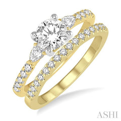 1 Ctw Round & Pear Cut Diamond Wedding Set With 7/8 Ctw Engagement Ring and 1/8 Ctw Wedding Band in 14K Yellow and White Gold