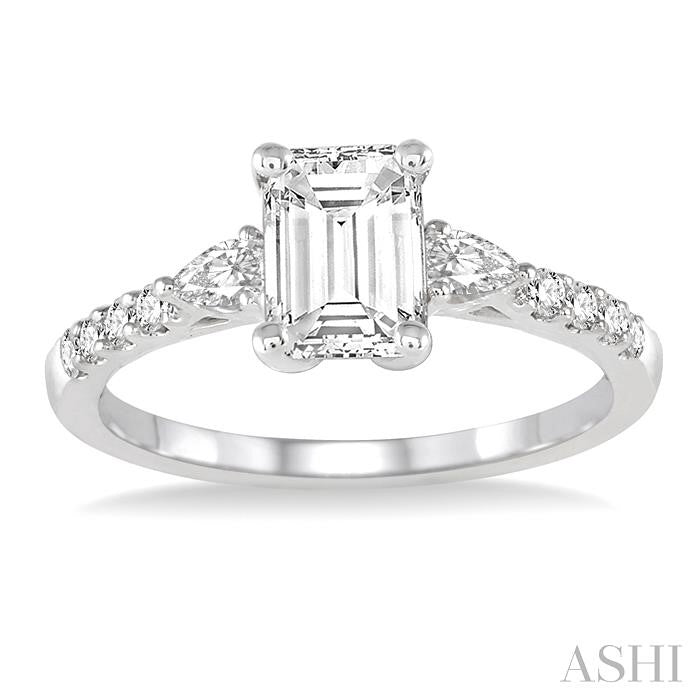 7/8 Ctw Pear & Round Cut Diamond Engagement Ring With 1/2 Ct Emerald Cut Center Stone in 14K White Gold