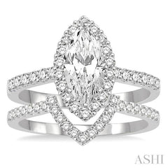 1 Ctw Round Cut Diamond Wedding Set With 3/4 Ctw Engagement Ring With 1/2 Ct Marquise Cut Center Stone and 1/5 Ctw Wedding Band in 14K White Gold
