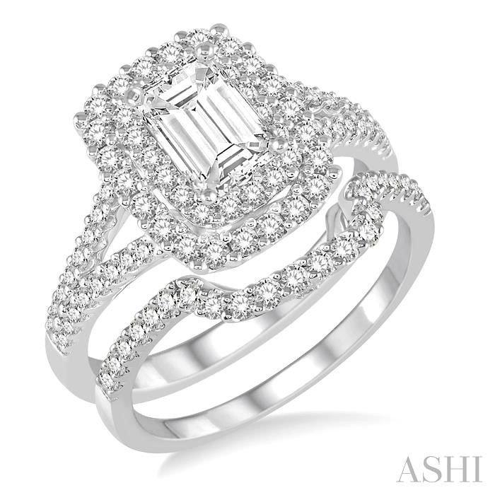 1 3/8 Ctw Diamond Bridal Set with 1 1/6 Ctw Octagon Cut Engagement Ring and 1/4 Ctw Wedding Band in 14K White Gold