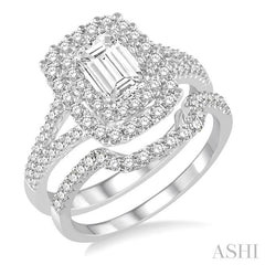 1 3/8 Ctw Diamond Bridal Set with 1 1/6 Ctw Octagon Cut Engagement Ring and 1/4 Ctw Wedding Band in 14K White Gold