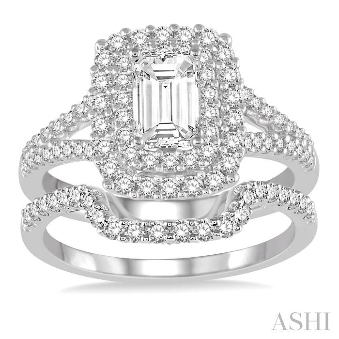 1 3/8 Ctw Diamond Bridal Set with 1 1/6 Ctw Octagon Cut Engagement Ring and 1/4 Ctw Wedding Band in 14K White Gold