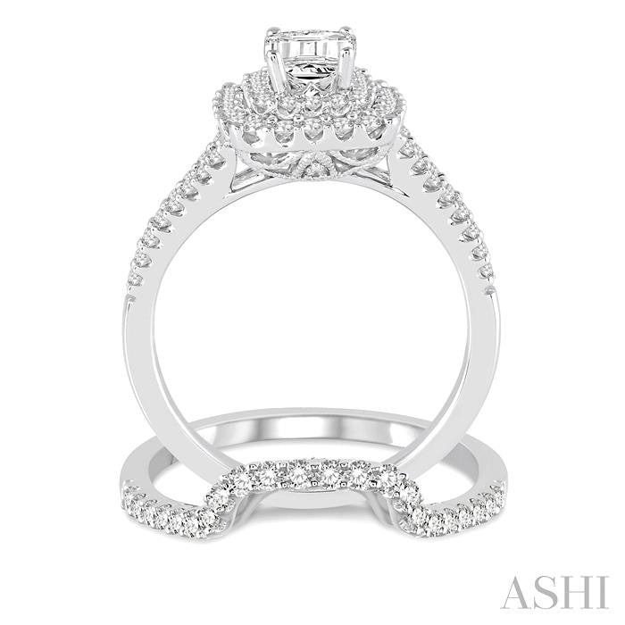 1 3/8 Ctw Diamond Bridal Set with 1 1/6 Ctw Octagon Cut Engagement Ring and 1/4 Ctw Wedding Band in 14K White Gold