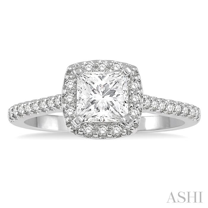 1 Ctw Cushion Shape Round & Princess Cut Diamond Engagement Ring With 3/4 Ctw Princess Cut Center Stone in 14K White Gold