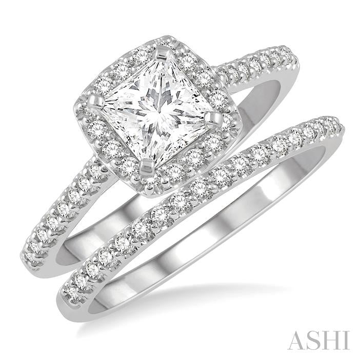 1 1/4 Ctw Round Cut Diamond Wedding Set With 1 1/10 Ct Cushion 3/4 Ct Princess Cut Center Engagement Ring and 1/5 Ct Wedding Band in 14K White Gold