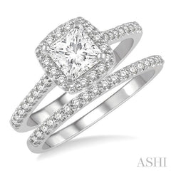 1 1/4 Ctw Round Cut Diamond Wedding Set With 1 1/10 Ct Cushion 3/4 Ct Princess Cut Center Engagement Ring and 1/5 Ct Wedding Band in 14K White Gold
