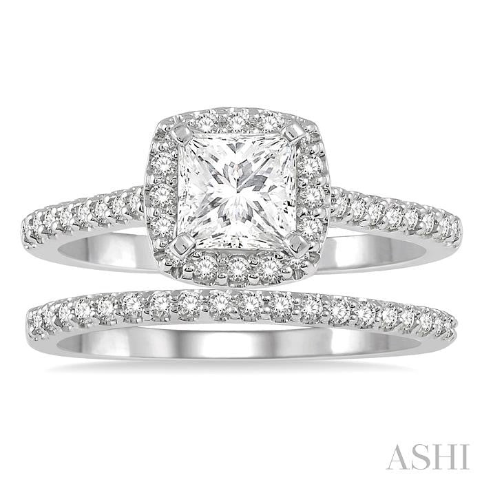 1 1/4 Ctw Round Cut Diamond Wedding Set With 1 1/10 Ct Cushion 3/4 Ct Princess Cut Center Engagement Ring and 1/5 Ct Wedding Band in 14K White Gold