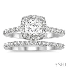 1 1/4 Ctw Round Cut Diamond Wedding Set With 1 1/10 Ct Cushion 3/4 Ct Princess Cut Center Engagement Ring and 1/5 Ct Wedding Band in 14K White Gold