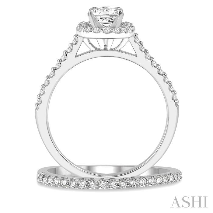1 1/4 Ctw Round Cut Diamond Wedding Set With 1 1/10 Ct Cushion 3/4 Ct Princess Cut Center Engagement Ring and 1/5 Ct Wedding Band in 14K White Gold