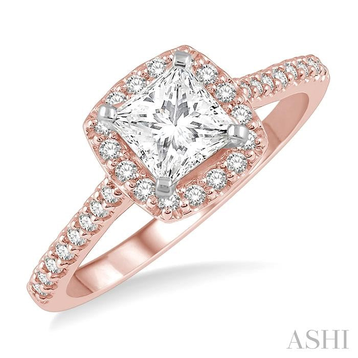 3/4 Ctw Diamond Ladies Engagement Ring with 1/2 Ct Princess Cut Center Stone in 14K Rose and White Gold