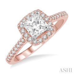 3/4 Ctw Diamond Ladies Engagement Ring with 1/2 Ct Princess Cut Center Stone in 14K Rose and White Gold