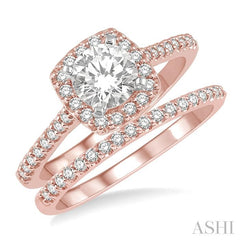 7/8 Ctw Diamond Wedding Set With 3/4 Ctw Round Cut Engagement Ring and 1/6 Ctw Wedding Band in 14K Rose and White Gold