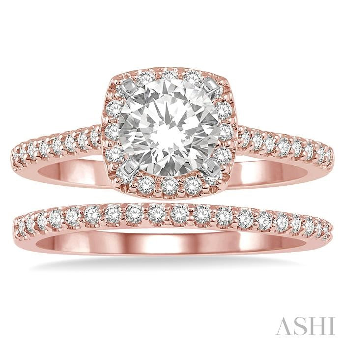 7/8 Ctw Diamond Wedding Set With 3/4 Ctw Round Cut Engagement Ring and 1/6 Ctw Wedding Band in 14K Rose and White Gold
