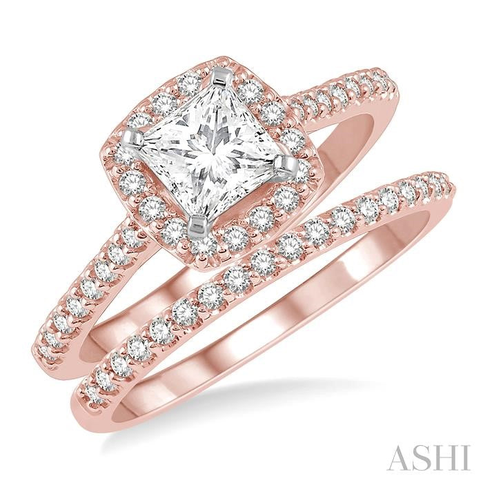 7/8 Ctw Diamond Wedding Set With 3/4 Ctw Princess Cut Engagement Ring in Rose and White Gold and 1/6 Ctw Wedding Band in 14K Rose Gold