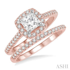 7/8 Ctw Diamond Wedding Set With 3/4 Ctw Princess Cut Engagement Ring in Rose and White Gold and 1/6 Ctw Wedding Band in 14K Rose Gold