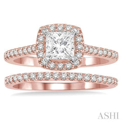 7/8 Ctw Diamond Wedding Set With 3/4 Ctw Princess Cut Engagement Ring in Rose and White Gold and 1/6 Ctw Wedding Band in 14K Rose Gold