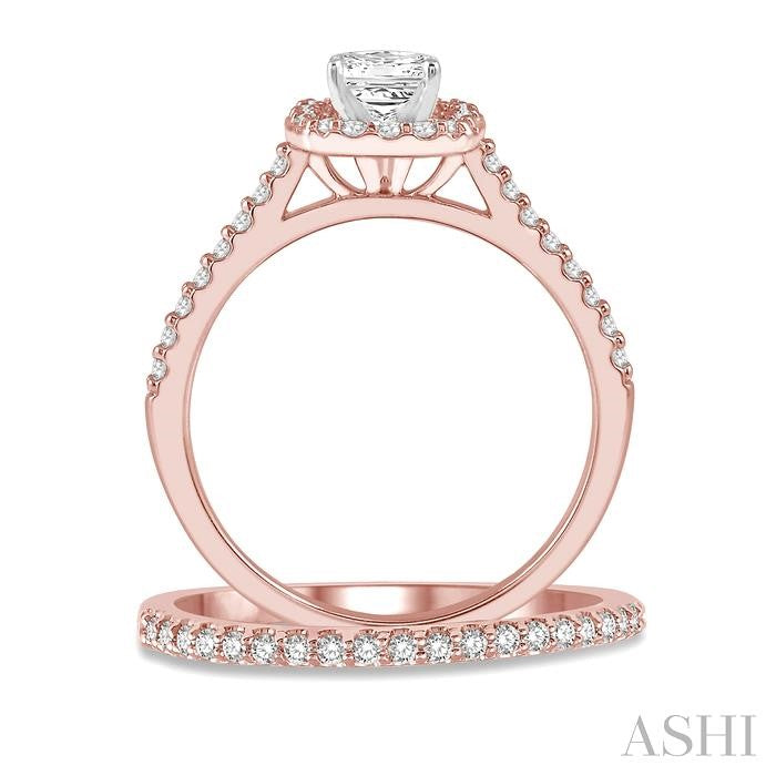 7/8 Ctw Diamond Wedding Set With 3/4 Ctw Princess Cut Engagement Ring in Rose and White Gold and 1/6 Ctw Wedding Band in 14K Rose Gold