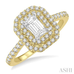1 Ctw Diamond Ladies Engagement Ring with 1/2 Ct Emerald Cut Center Stone in 14K Yellow and White Gold
