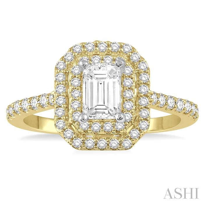 1 Ctw Diamond Ladies Engagement Ring with 1/2 Ct Emerald Cut Center Stone in 14K Yellow and White Gold