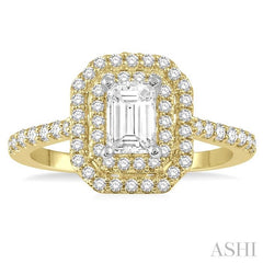 1 Ctw Diamond Ladies Engagement Ring with 1/2 Ct Emerald Cut Center Stone in 14K Yellow and White Gold