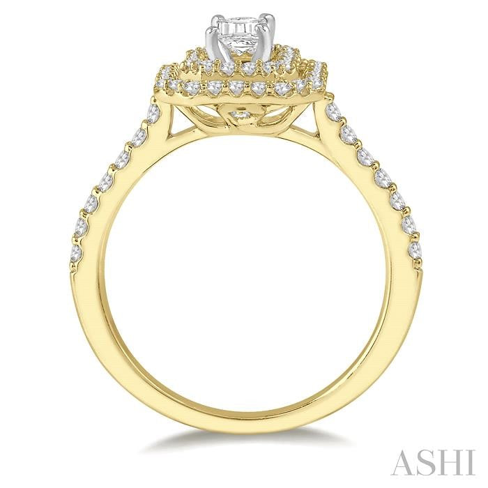 1 Ctw Diamond Ladies Engagement Ring with 1/2 Ct Emerald Cut Center Stone in 14K Yellow and White Gold