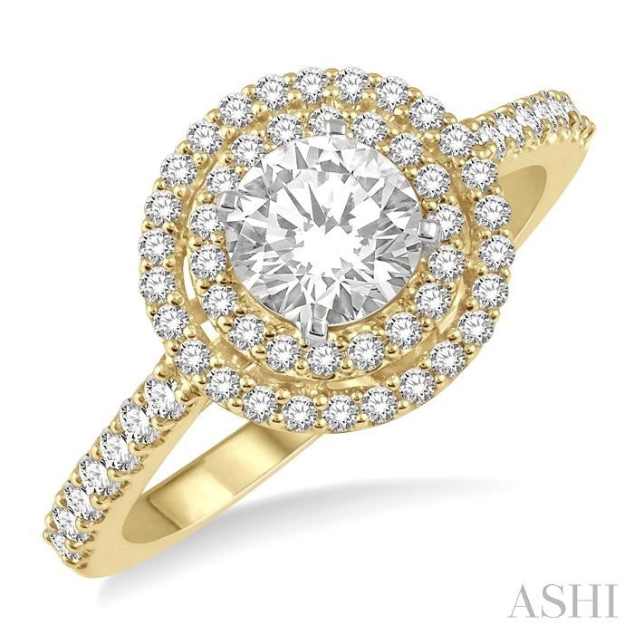 1 Ctw Diamond Ladies Engagement Ring with 1/2 Ct Round Cut Center Stone in 14K Yellow and White Gold