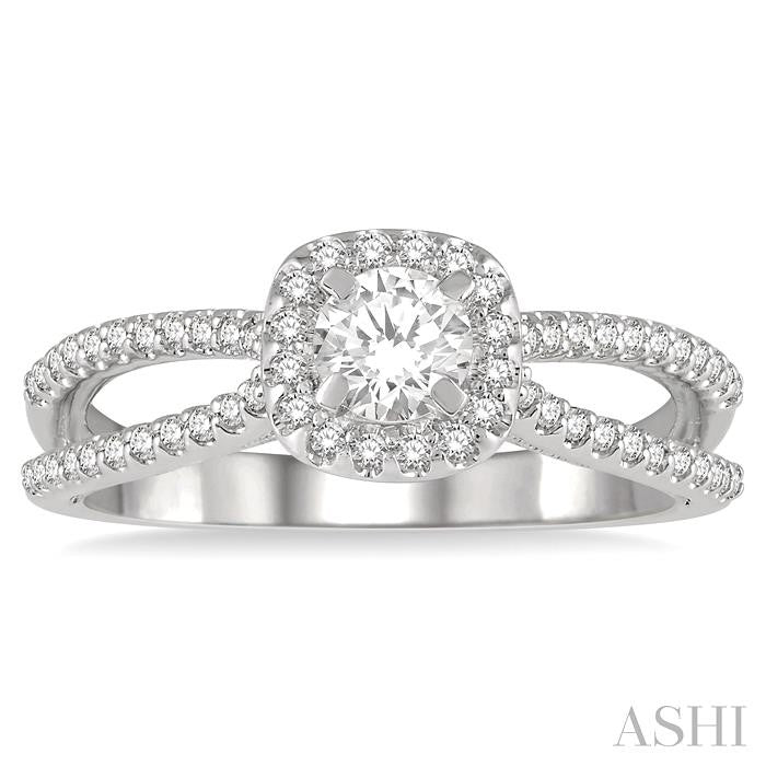 5/8 Ctw Cushion Shape Split Shank Diamond Engagement Ring with 1/3 Ct Round Cut Center Stone in 14K White Gold