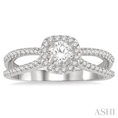 5/8 Ctw Cushion Shape Split Shank Diamond Engagement Ring with 1/3 Ct Round Cut Center Stone in 14K White Gold