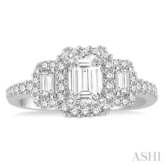 1 1/3 Ctw Diamond Engagement Ring with 3/4 Ct Emerald Cut Center Stone in 14K White Gold
