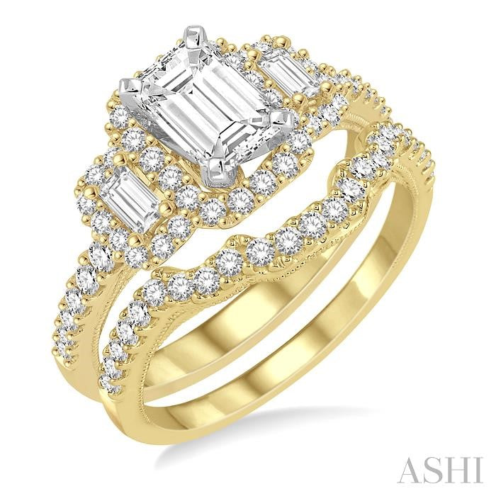 1 5/8 Ctw Diamond Bridal Set with 1 1/3 Ctw Octagon Cut Engagement Ring and 1/4 Ctw Wedding Band in 14K Yellow and White Gold