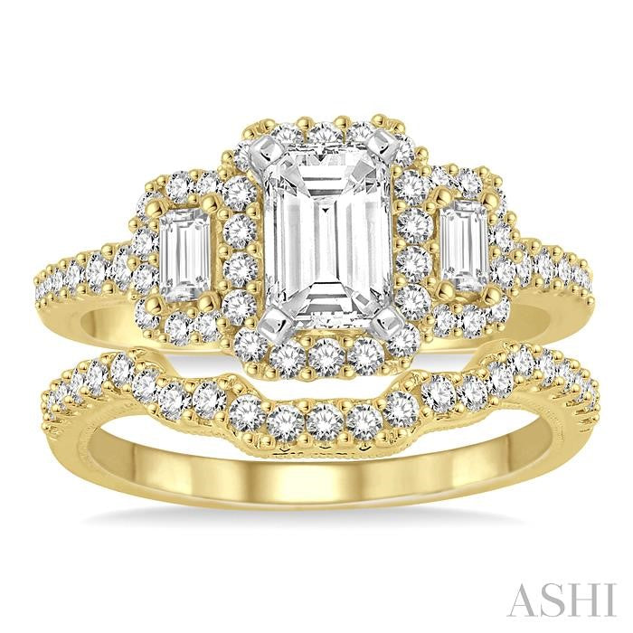 1 5/8 Ctw Diamond Bridal Set with 1 1/3 Ctw Octagon Cut Engagement Ring and 1/4 Ctw Wedding Band in 14K Yellow and White Gold