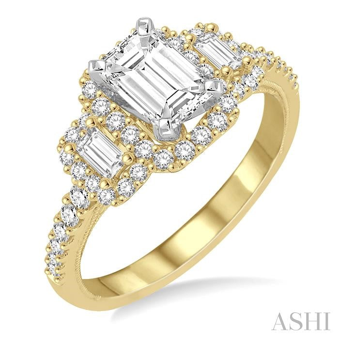 5/8 Ctw Emerald Shape Baguette and Round Cut Diamond Semi-Mount Engagement Ring in 14K Yellow and White Gold
