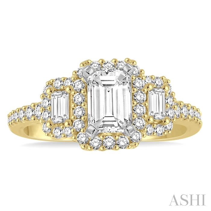 5/8 Ctw Emerald Shape Baguette and Round Cut Diamond Semi-Mount Engagement Ring in 14K Yellow and White Gold