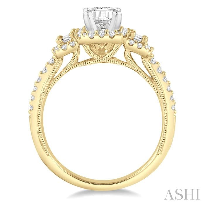 5/8 Ctw Emerald Shape Baguette and Round Cut Diamond Semi-Mount Engagement Ring in 14K Yellow and White Gold