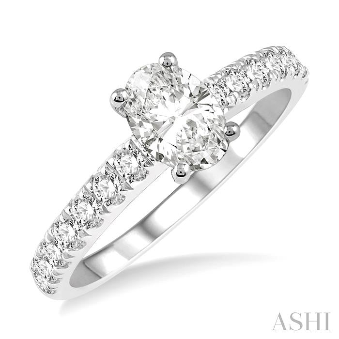 1 1/10 Ctw Oval shape Diamond Ladies Engagement Ring with 5/8 Ct Oval Cut Center Stone in 14K White Gold