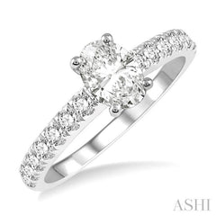 1 1/10 Ctw Oval shape Diamond Ladies Engagement Ring with 5/8 Ct Oval Cut Center Stone in 14K White Gold