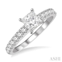 1 1/10 Ctw Princess Cut Diamond Ladies Engagement Ring with 5/8 Ct Princess Cut Center Stone in 14K White Gold