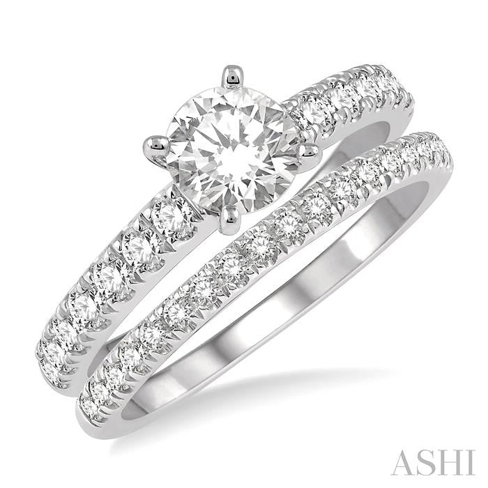 7/8 Ctw Round Cut Diamond Wedding Set With 5/8 Ct Engagement Ring and 1/4 Ct Wedding Band in 14K White Gold